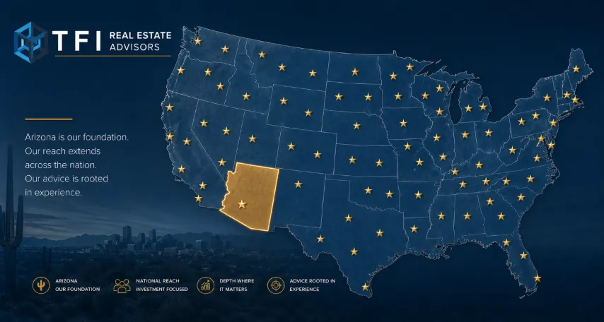 Map connecting Greater Phoenix Area real estate expertise with Arizona and select national assignments
