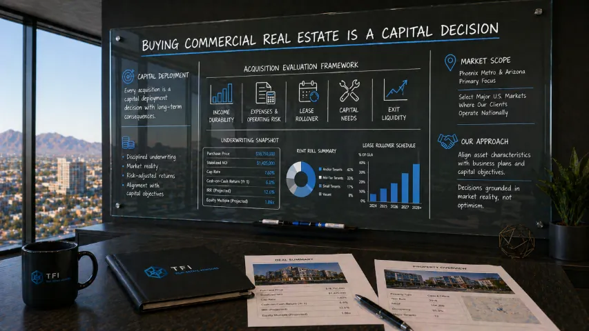 Commercial acquisition underwriting board with income, lease rollover, capital-needs, and exit analysis