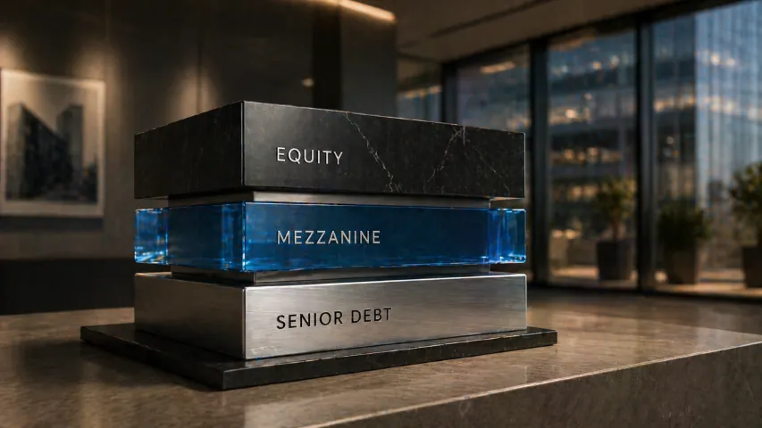 Commercial real estate capital stack showing senior debt, mezzanine financing, and equity