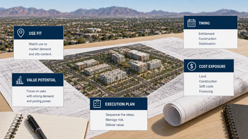 Commercial development site strategy analysis comparing use fit, value potential, cost exposure, and execution plan