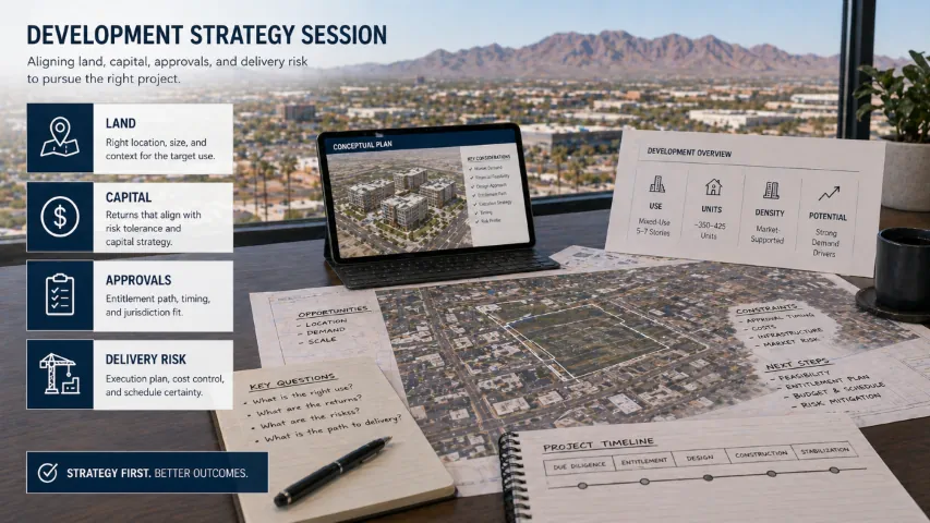 Development strategy session reviewing land, market demand, approvals, delivery risk, and exit planning