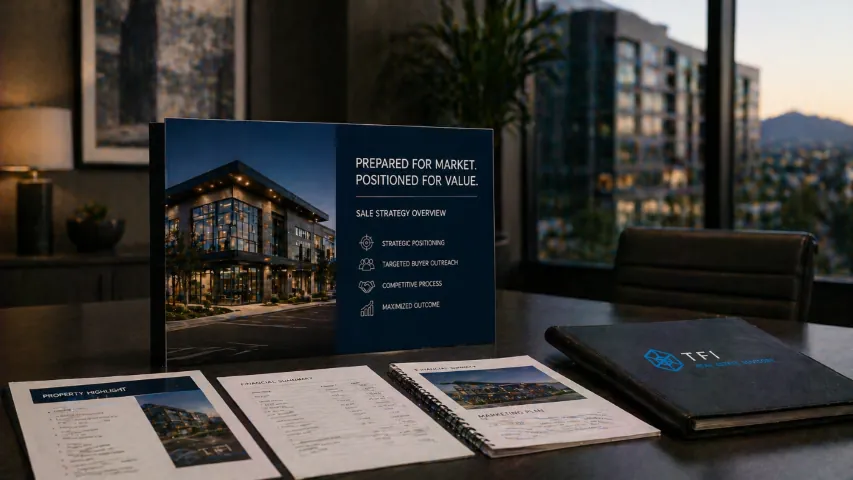 Commercial property sale strategy and marketing materials prepared for buyer outreach