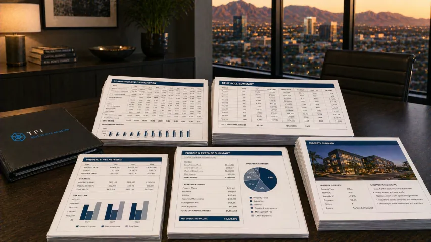 Commercial property underwriting package with rent roll, cash flow, income, expense, and tax summaries