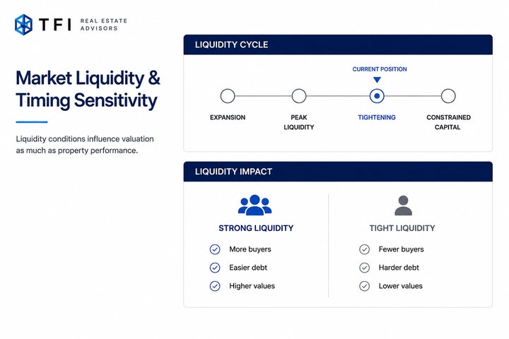 Commercial real estate market liquidity and timing analysis for property pricing decisions