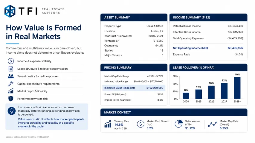 Commercial property income, lease, tenant, capital, and liquidity factors used in a Greater Phoenix Area valuation review