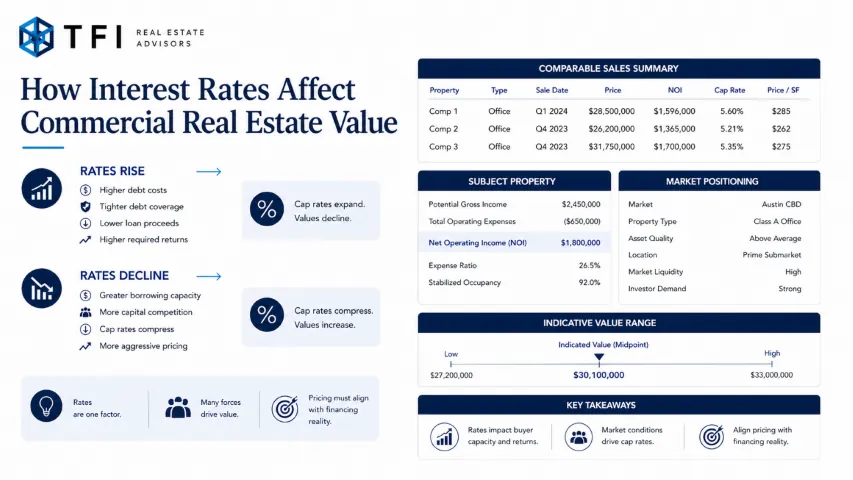 Commercial real estate valuation review comparing interest rates, debt service, loan proceeds, and buyer return requirements