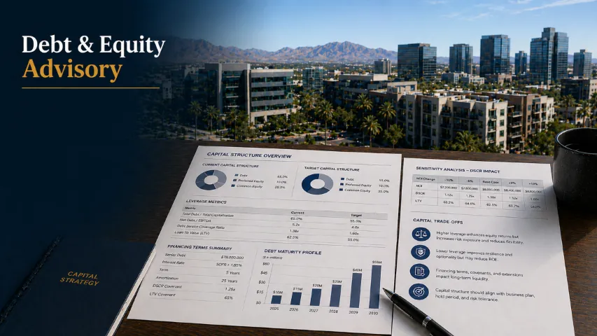 Commercial real estate capital-structure and financing strategy analysis overlooking the Greater Phoenix Area