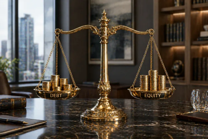 Debt and equity balance represented by a scale in a commercial real estate advisory setting