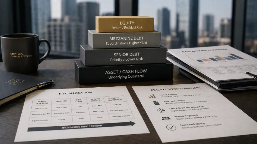 Commercial real estate capital stack showing senior debt, preferred equity, and common equity