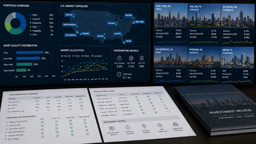 Commercial real estate portfolio dashboard showing market exposure, asset allocation, underwriting metrics, and portfolio performance