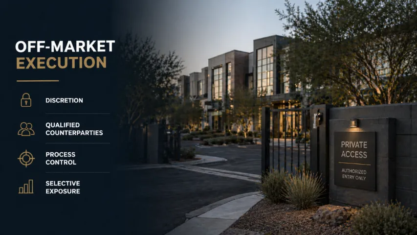 Controlled off-market commercial real estate sale emphasizing discretion, qualified counterparties, process control, and selective exposure