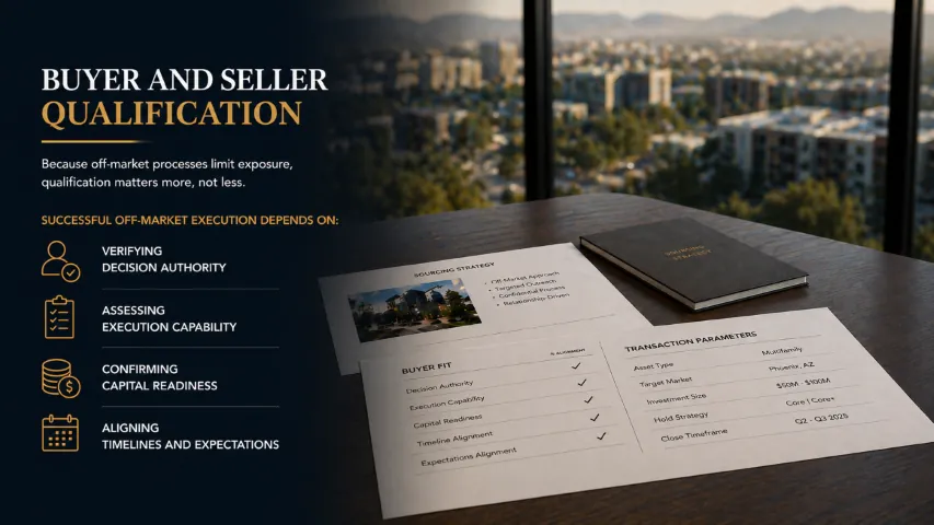 Off-market commercial real estate buyer and seller qualification process covering authority, execution capability, capital readiness, and timing