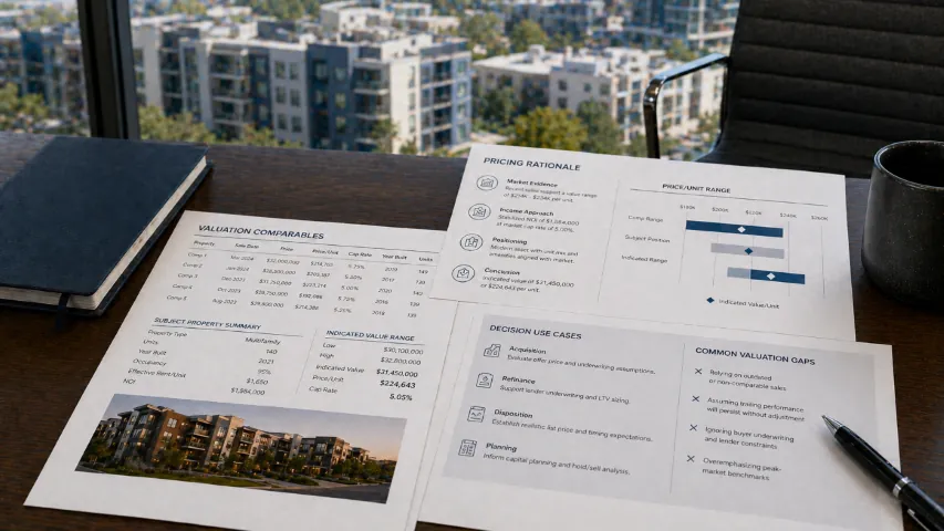 Commercial property pricing rationale with comparable sales, income capitalization, valuation drivers, and market context