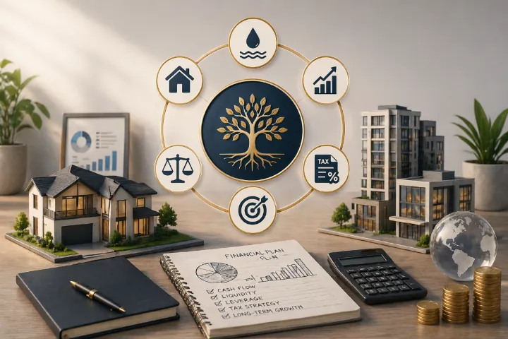 Financial wellness planning connecting a home, commercial real estate, cash flow, leverage, tax considerations, and long-term goals