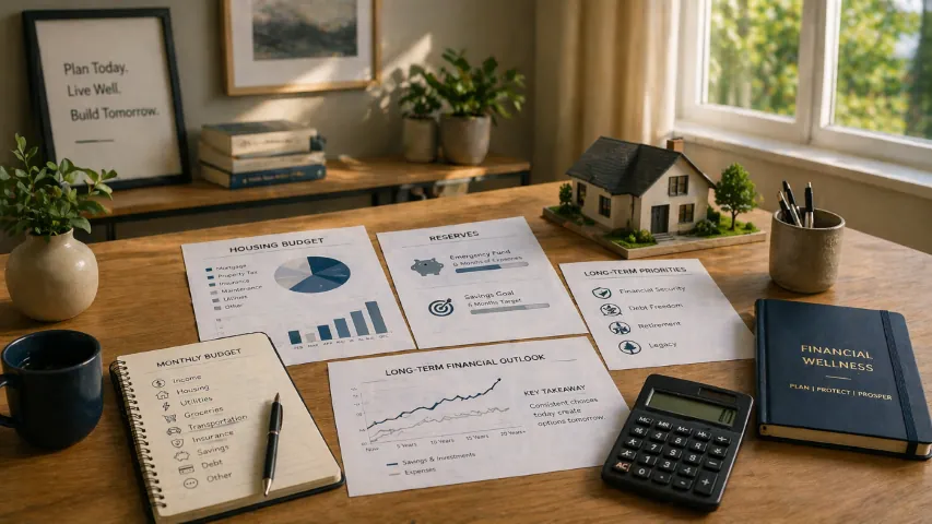 Household financial-wellness review of housing costs, reserves, monthly budget, and long-term priorities