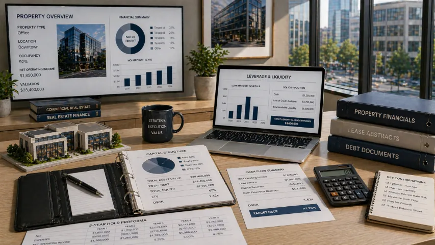 Commercial property analysis comparing income, capital structure, debt coverage, leverage, liquidity, and loan maturities