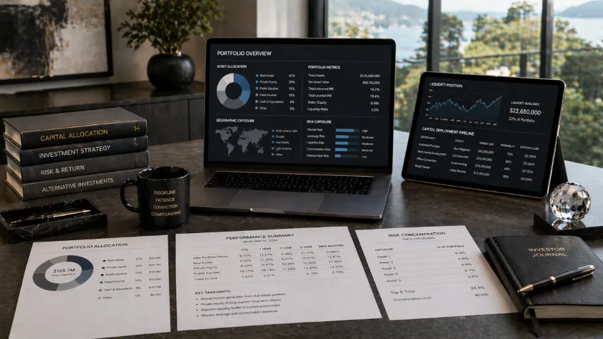 Real estate investor portfolio review showing asset allocation, liquidity, geographic exposure, risk concentration, and deployment timing