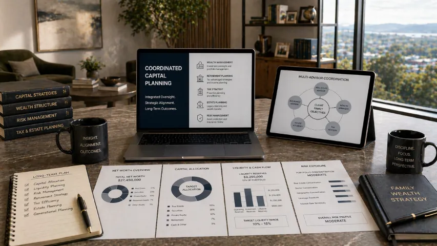 Coordinated capital planning across real estate, investments, liquidity, retirement, tax, estate, insurance, and lending professionals