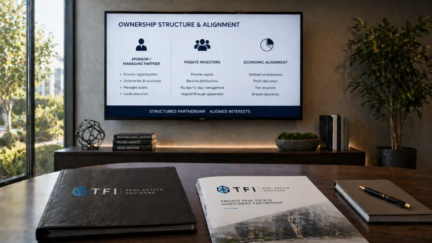 Private real estate partnership structure connecting sponsors, operators, properties, and investor capital
