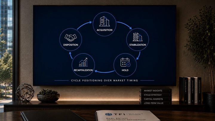 Real estate market cycle analysis supporting acquisition, hold, recapitalization, and disposition decisions