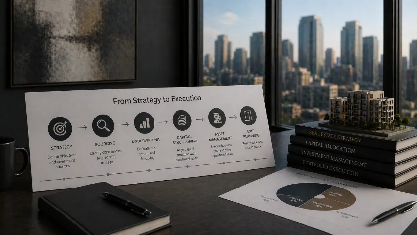 Real estate investment strategy translated into sourcing, underwriting, financing, asset decisions, and execution