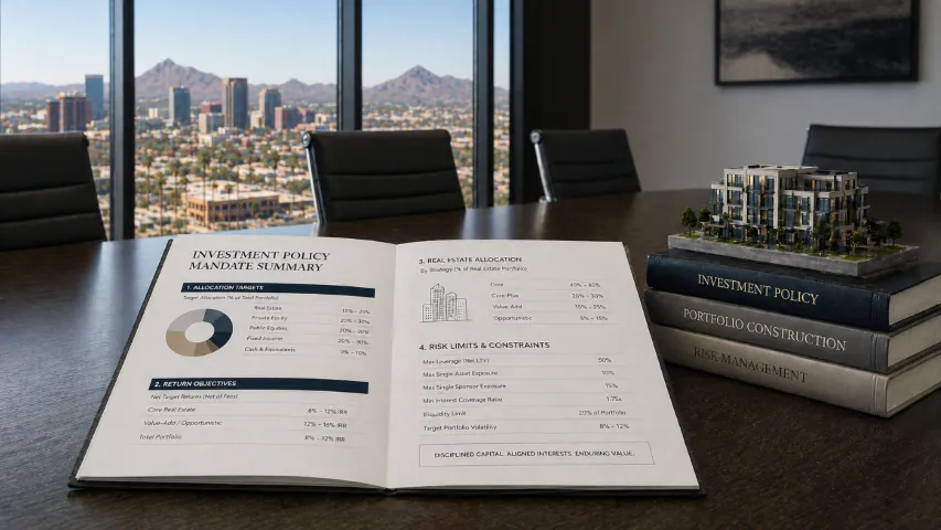 Institutional real estate mandate review covering property type, geography, risk, governance, and return objectives
