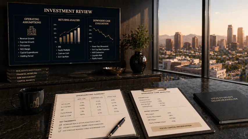 Property-level underwriting of income, expenses, leases, condition, capital needs, and market position