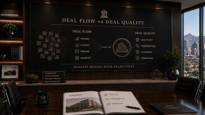 Real estate deal flow filtered through investment criteria and underwriting quality controls