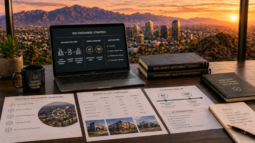 Investor comparing replacement properties, financing, income, management intensity, and portfolio fit during a 1031 exchange