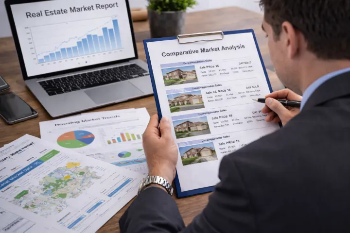 Real estate advisor reviewing Greater Phoenix Area market reports and property analysis