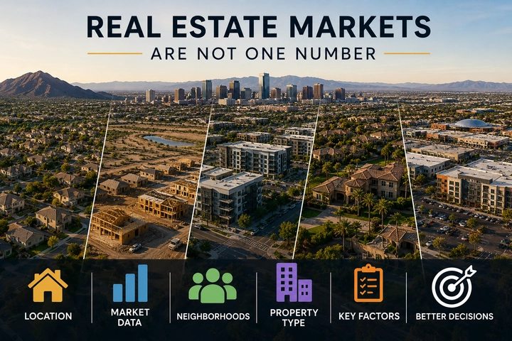 Real estate market framework connecting location, neighborhood, property type, supply, demand, and ownership objectives