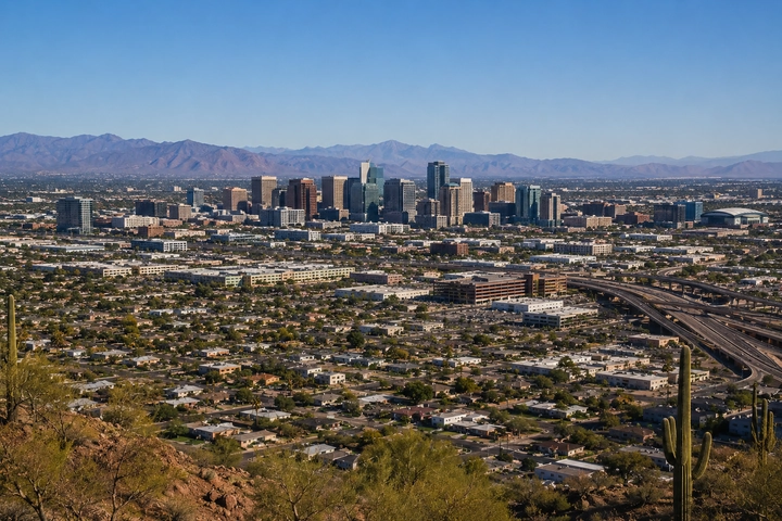 Aerial view of Downtown Phoenix and surrounding neighborhoods from a desert mountain overlook