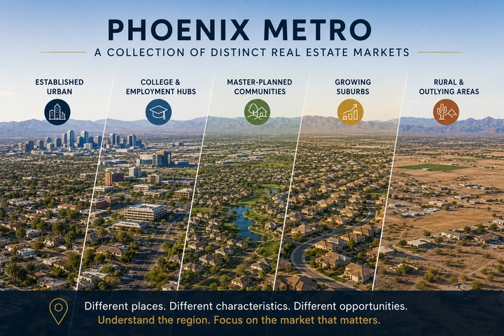 Greater Phoenix Area infographic comparing established urban areas, employment hubs, master-planned communities, growing suburbs, and outlying areas