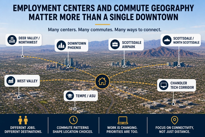 Greater Phoenix Area employment and commute geography infographic showing multiple employment centers across the Valley