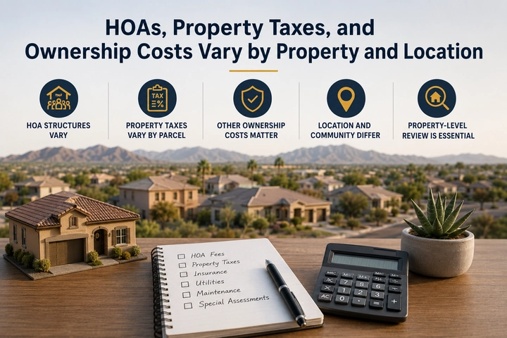Greater Phoenix Area ownership cost infographic illustrating HOA structures, property taxes, and property-level review
