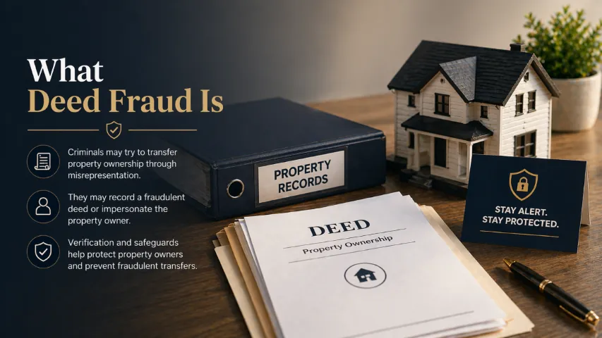 Fraudulent deed and fake seller identity being compared with legitimate ownership records