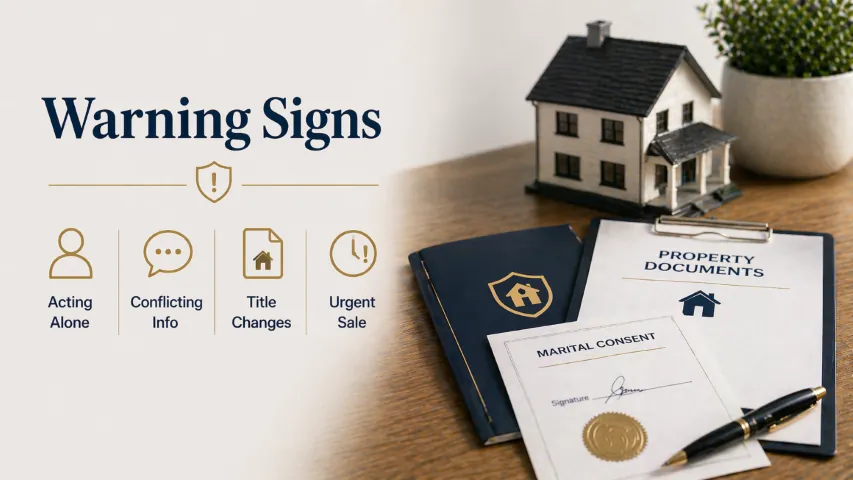 Title and escrow review identifying an undisclosed spouse or unauthorized signature
