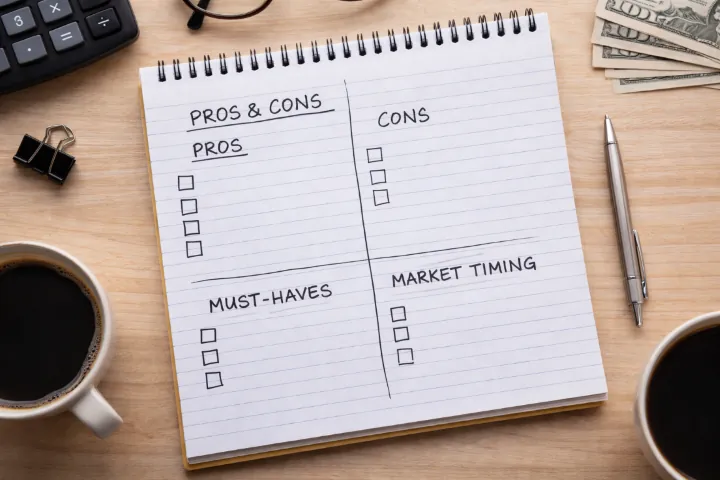 Home buyer organizing property criteria, ownership costs, and offer strategy