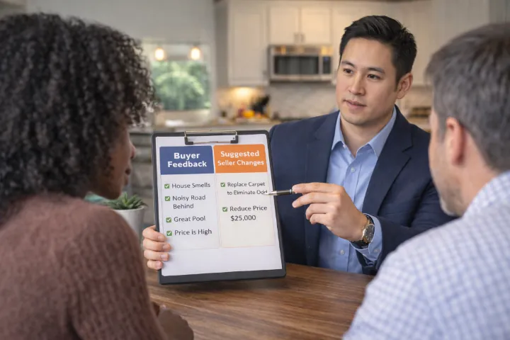 Real estate advisor reviewing buyer feedback and recommended listing changes with home sellers