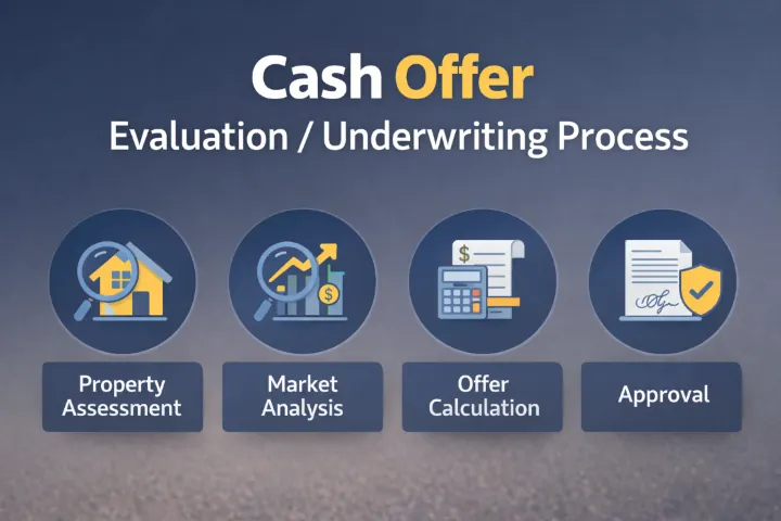 Cash-offer process showing property review, offer comparison, due diligence, and closing