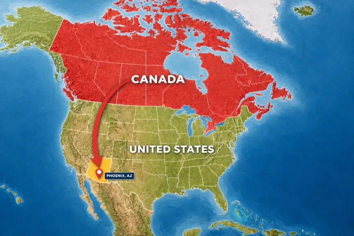 Map illustrating seasonal travel between Canada and Arizona for Canadian snowbirds