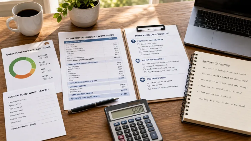 Home-buying budget, closing-cost, and property-priority worksheets
