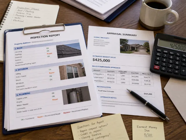 Home inspection report, appraisal, escrow documents, and closing checklist