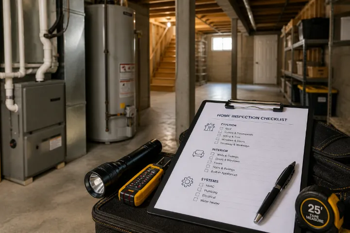 Inspection checklist beside accessible HVAC and water-heater equipment