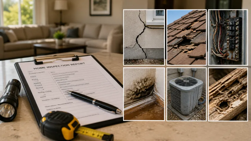 Inspection report with examples of structural, roofing, electrical, moisture, HVAC, and pest concerns
