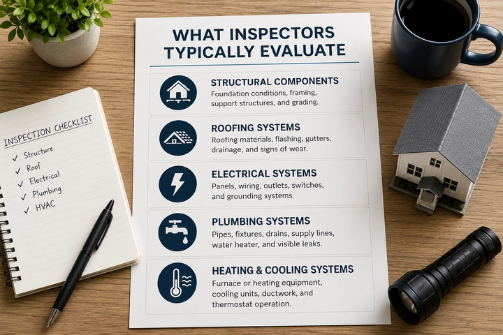 Home inspection categories including structure, roof, electrical, plumbing, and heating and cooling