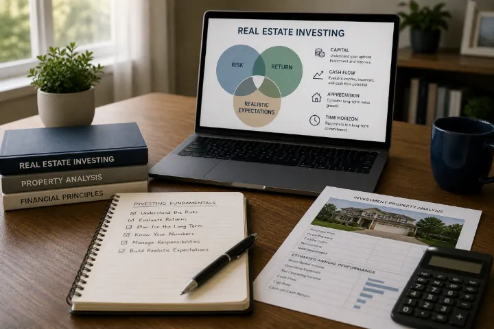 Beginning real estate investor reviewing property income, expenses, financing, and risk