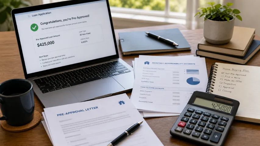 Mortgage preapproval letter, financial summary, and home-purchase budget