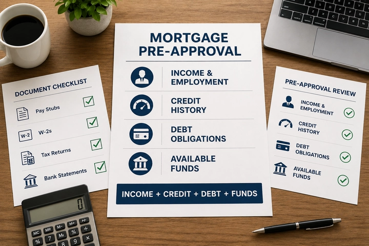 Mortgage preapproval checklist showing income, employment, credit, debts, and available funds