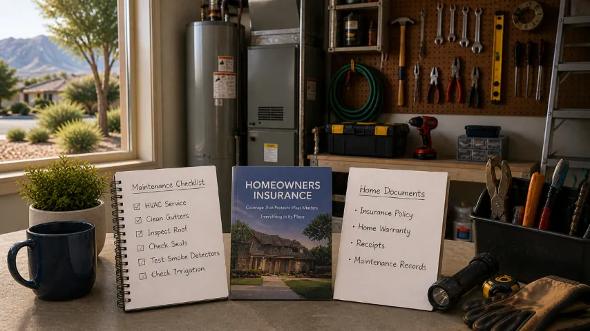 Home maintenance checklist, homeowners insurance materials, and property records in a garage workspace